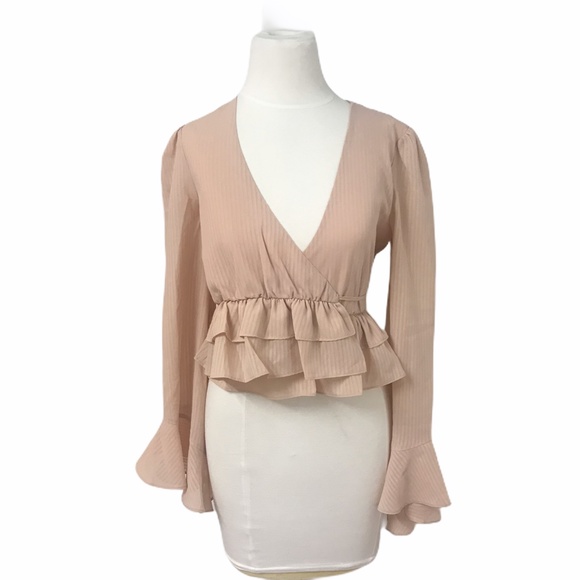 NBD Revolve Lucca Pink Ruffle Wrap Bell Sleeve Top - Picture 3 of 8